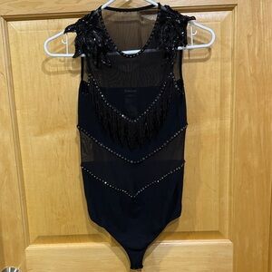 Bebe Black  & Silver Bodysuit Swarovski rhinestone beaded fringe bottom included